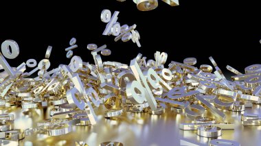 3D render işaretleri yüzde, bir yığın düşüyor. Yansıtıcı bir yüzey hacimsel işaretler