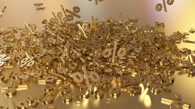 3D render işaretleri yüzde, bir yığın düşüyor. Yansıtıcı bir yüzey hacimsel işaretler