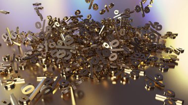 3D render işaretleri yüzde, bir yığın düşüyor. Yansıtıcı bir yüzey hacimsel işaretler