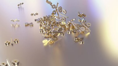 3D render işaretleri yüzde, bir yığın düşüyor. Yansıtıcı bir yüzey hacimsel işaretler