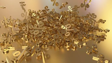 3D render işaretleri yüzde, bir yığın düşüyor. Yansıtıcı bir yüzey hacimsel işaretler