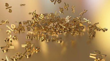 3D render işaretleri yüzde, bir yığın düşüyor. Yansıtıcı bir yüzey hacimsel işaretler