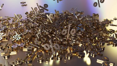 3D render işaretleri yüzde, bir yığın düşüyor. Yansıtıcı bir yüzey hacimsel işaretler