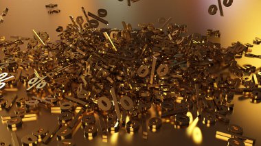 3D render işaretleri yüzde, bir yığın düşüyor. Yansıtıcı bir yüzey hacimsel işaretler