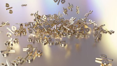 3D render işaretleri yüzde, bir yığın düşüyor. Yansıtıcı bir yüzey hacimsel işaretler