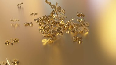 3D render işaretleri yüzde, bir yığın düşüyor. Yansıtıcı bir yüzey hacimsel işaretler