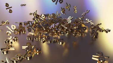 3D render işaretleri yüzde, bir yığın düşüyor. Yansıtıcı bir yüzey hacimsel işaretler