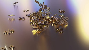 3D render işaretleri yüzde, bir yığın düşüyor. Yansıtıcı bir yüzey hacimsel işaretler