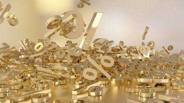 3D render işaretleri yüzde, bir yığın düşüyor. Yansıtıcı bir yüzey hacimsel işaretler. Büyük bir yüzde işareti arasında küçük işaretler