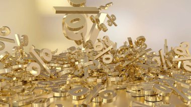 3D render işaretleri yüzde, bir yığın düşüyor. Yansıtıcı bir yüzey hacimsel işaretler. Büyük bir yüzde işareti arasında küçük işaretler