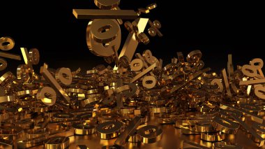 3D render işaretleri yüzde, bir yığın düşüyor. Yansıtıcı bir yüzey hacimsel işaretler. Büyük bir yüzde işareti arasında küçük işaretler