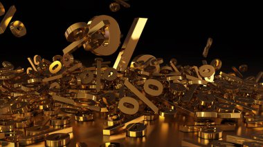 3D render işaretleri yüzde, bir yığın düşüyor. Yansıtıcı bir yüzey hacimsel işaretler. Büyük bir yüzde işareti arasında küçük işaretler