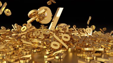 3D render işaretleri yüzde, bir yığın düşüyor. Yansıtıcı bir yüzey hacimsel işaretler. Büyük bir yüzde işareti arasında küçük işaretler