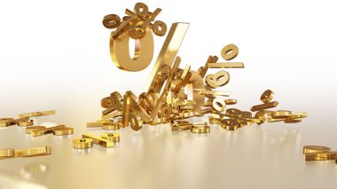 3D render işaretleri yüzde, bir yığın düşüyor. Yansıtıcı bir yüzey hacimsel işaretler. Büyük bir yüzde işareti arasında küçük işaretler