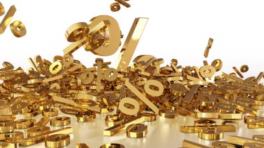 3D render işaretleri yüzde, bir yığın düşüyor. Yansıtıcı bir yüzey hacimsel işaretler. Büyük bir yüzde işareti arasında küçük işaretler