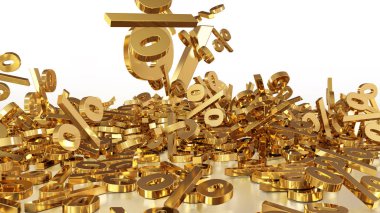 3D render işaretleri yüzde, bir yığın düşüyor. Yansıtıcı bir yüzey hacimsel işaretler. Büyük bir yüzde işareti arasında küçük işaretler