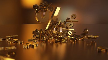 3D render işaretleri yüzde, bir yığın düşüyor. Yansıtıcı bir yüzey hacimsel işaretler. Büyük bir yüzde işareti arasında küçük işaretler