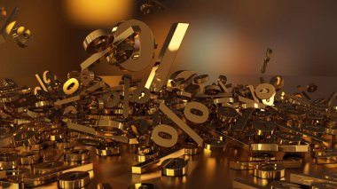 3D render işaretleri yüzde, bir yığın düşüyor. Yansıtıcı bir yüzey hacimsel işaretler. Büyük bir yüzde işareti arasında küçük işaretler