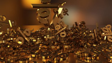 3D render işaretleri yüzde, bir yığın düşüyor. Yansıtıcı bir yüzey hacimsel işaretler. Büyük bir yüzde işareti arasında küçük işaretler