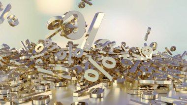 3D render işaretleri yüzde, bir yığın düşüyor. Yansıtıcı bir yüzey hacimsel işaretler. Büyük bir yüzde işareti arasında küçük işaretler