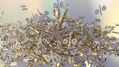 3D render işaretleri yüzde, bir yığın düşüyor. Yansıtıcı bir yüzey hacimsel işaretler. Büyük bir yüzde işareti arasında küçük işaretler