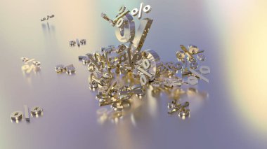 3D render işaretleri yüzde, bir yığın düşüyor. Yansıtıcı bir yüzey hacimsel işaretler. Büyük bir yüzde işareti arasında küçük işaretler