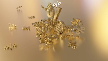 3D render işaretleri yüzde, bir yığın düşüyor. Yansıtıcı bir yüzey hacimsel işaretler. Büyük bir yüzde işareti arasında küçük işaretler