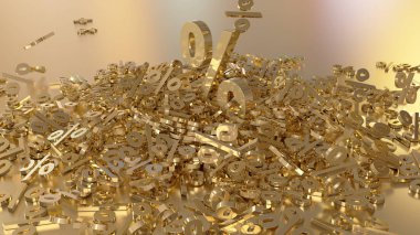 3D render işaretleri yüzde, bir yığın düşüyor. Yansıtıcı bir yüzey hacimsel işaretler. Büyük bir yüzde işareti arasında küçük işaretler