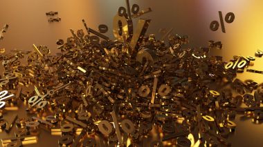 3D render işaretleri yüzde, bir yığın düşüyor. Yansıtıcı bir yüzey hacimsel işaretler. Büyük bir yüzde işareti arasında küçük işaretler