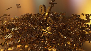 3D render işaretleri yüzde, bir yığın düşüyor. Yansıtıcı bir yüzey hacimsel işaretler. Büyük bir yüzde işareti arasında küçük işaretler