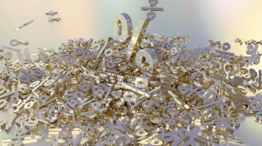 3D render işaretleri yüzde, bir yığın düşüyor. Yansıtıcı bir yüzey hacimsel işaretler. Büyük bir yüzde işareti arasında küçük işaretler