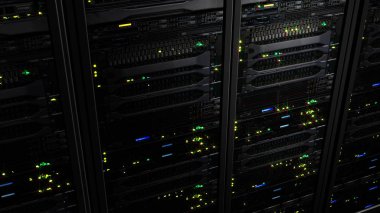 Bilgisayar donanımları ve telekomünikasyon teknolojileri, depolama Merkezi modern karanlık sunucu veri merkezinde 3d render