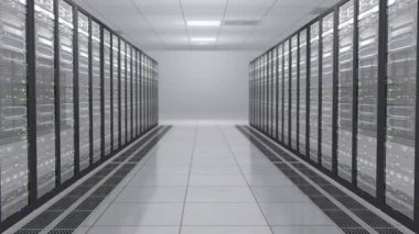LED yanıp sönen ile modern çalışma veri sunucuları 3D render. Sunucu odasına tarihi merkezi