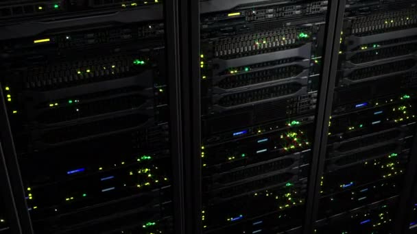 Rendering Dark Modern Working Data Servers Flashing Led Lights Data — Stock Video