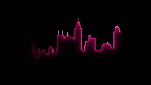 Silueta Ciudad Neón Brillante Abstracta Movimiento Línea Luminosa Neón Largo — Vídeo de stock