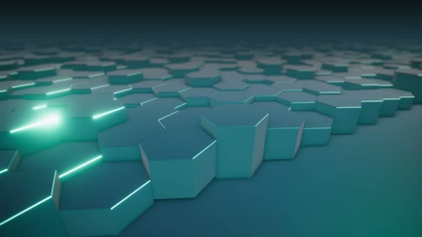 Une surface géométrique hexagonale abstraite se déplace cycliquement dans l'espace virtuel. Vibrations chaotiques de formes géométriques. Création d'un mur dynamique d'hexagones. bouclée 