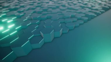 Soyut bir altıgen geometrik yüzey sanal uzayda döngüsel olarak hareket eder. Geometrik şekillerin kaotik titreşimleri. Altıgenlerden oluşan dinamik bir duvar oluşturuyorlar. döngülenmiş