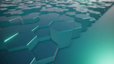Soyut bir altıgen geometrik yüzey sanal uzayda döngüsel olarak hareket eder. Geometrik şekillerin kaotik titreşimleri. Altıgenlerden oluşan dinamik bir duvar oluşturuyorlar. döngülenmiş