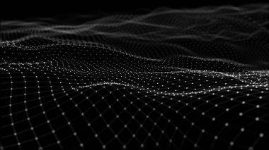 Uzayda soyut dijital dalgaların ve parlak kare parçacıkların 3 boyutlu görüntülenmesi. Noktalardan, parçacıklardan ve örgülerden oluşan fütüristik bir zemin. Büyük miktarda veri