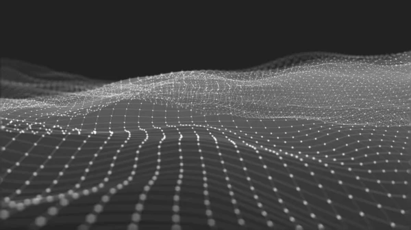 3D rendering of abstract digital waves and bright square particles in space. Futuristic background made of dots, particles and mesh. Large amount of data