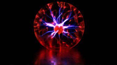 Yüksek voltajlı yıldırımlı plazma boşaltımlı lambanın 3 boyutlu görüntüsü. Elektrikli Tesla bobini ve durağan gaz boşaltım tüpü deneyleri