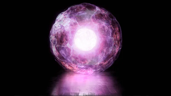 3D rendering ball of energy and plasma in the core of the reactor. Thermonuclear fusion with pulsating plasma flows. Bright background for presentations and information panels