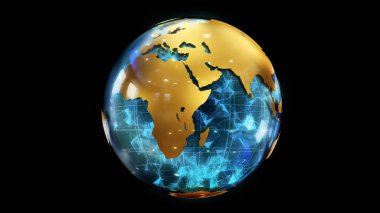 Soyut biçimlendirilmiş gezegen küresinin 3 boyutlu görüntüsü. Dünya gezegeninin yaratıcı ve teknolojik tasarımı. İçeriğinizi dekore edecek parlak ve renkli tasarım ögesi veya arkaplan
