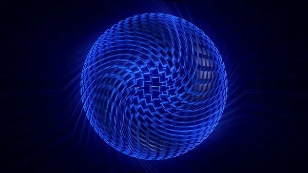 3D rendering of an abstract sphere from volumetric cubic blocks. Non-trivial and bright art object in space. Ball from a complex structural design. Creative design element