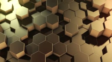Soyut bir altıgen geometrik altın yüzey sanal uzayda döngüsel olarak hareket eder. Geometrik şekillerin kaotik titreşimleri. Altıgenlerden oluşan dinamik bir duvar oluşturuluyor