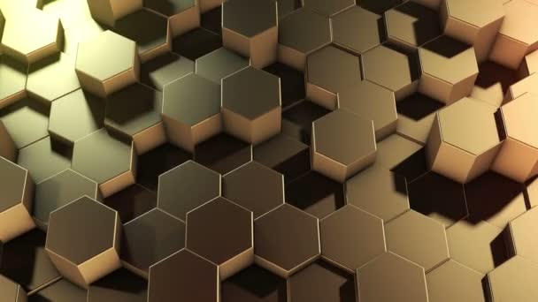 Анотація Шестикутної Геометричної Золотої Поверхні Циклічно Рухається Віртуальному Просторі Хаотичні — стокове відео