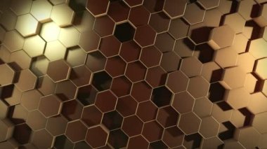 Soyut bir altıgen geometrik altın yüzey sanal uzayda döngüsel olarak hareket eder. Geometrik şekillerin kaotik titreşimleri. Altıgenlerden oluşan dinamik bir duvar oluşturuluyor
