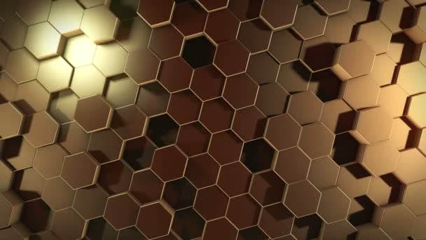 抽象的な六角形の黄金の表面は 仮想空間で周期的に動きます 幾何学的形状のカオス振動 六角形のダイナミックな壁を作る — ストック動画