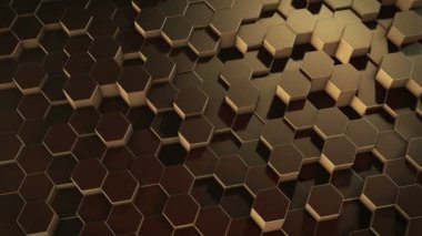 Soyut bir altıgen geometrik altın yüzey sanal uzayda döngüsel olarak hareket eder. Geometrik şekillerin kaotik titreşimleri. Altıgenlerden oluşan dinamik bir duvar oluşturuluyor