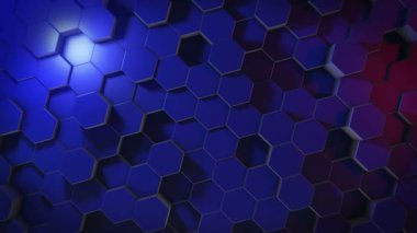 Soyut bir altıgen geometrik yüzey sanal uzayda döngüsel olarak hareket eder. Geometrik şekillerin kaotik titreşimleri. Altıgenlerden oluşan dinamik bir duvar oluşturuluyor